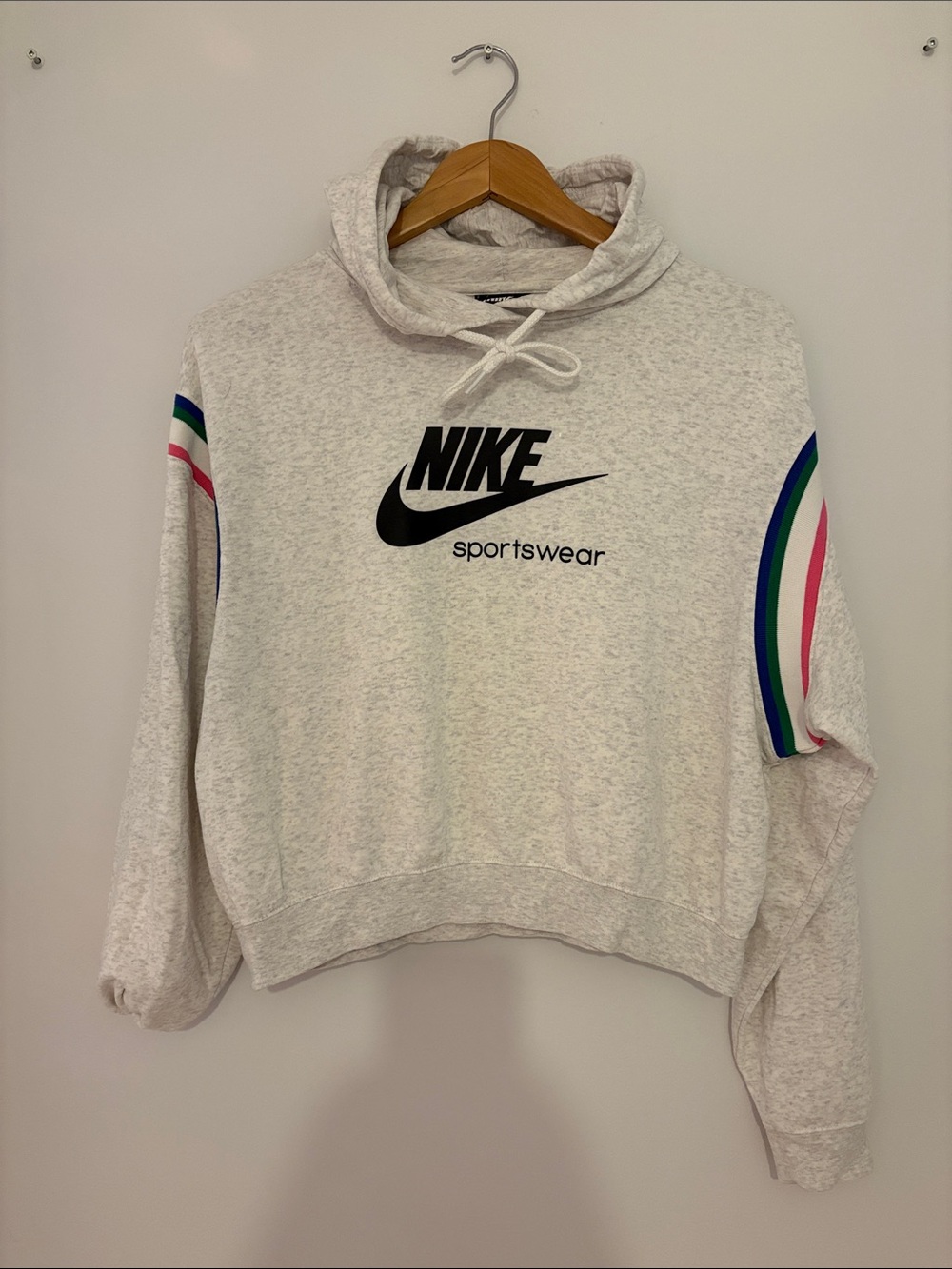 Nike Women's Heather Gray Cropped Hoodie with Pink, Green & Blue Stripes